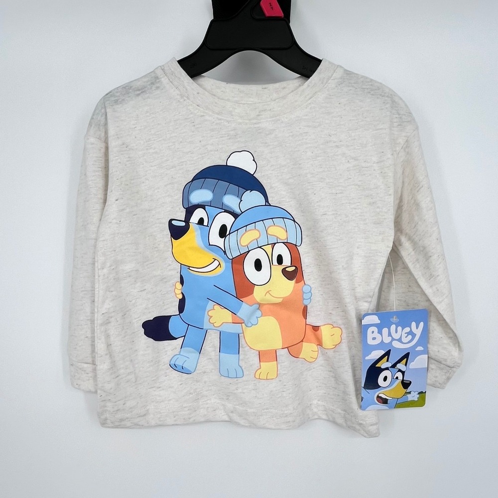 Bluey Graphic T-Shirt Kids 2T Oatmeal Long Sleeve Bingo Winter Beanie Hug